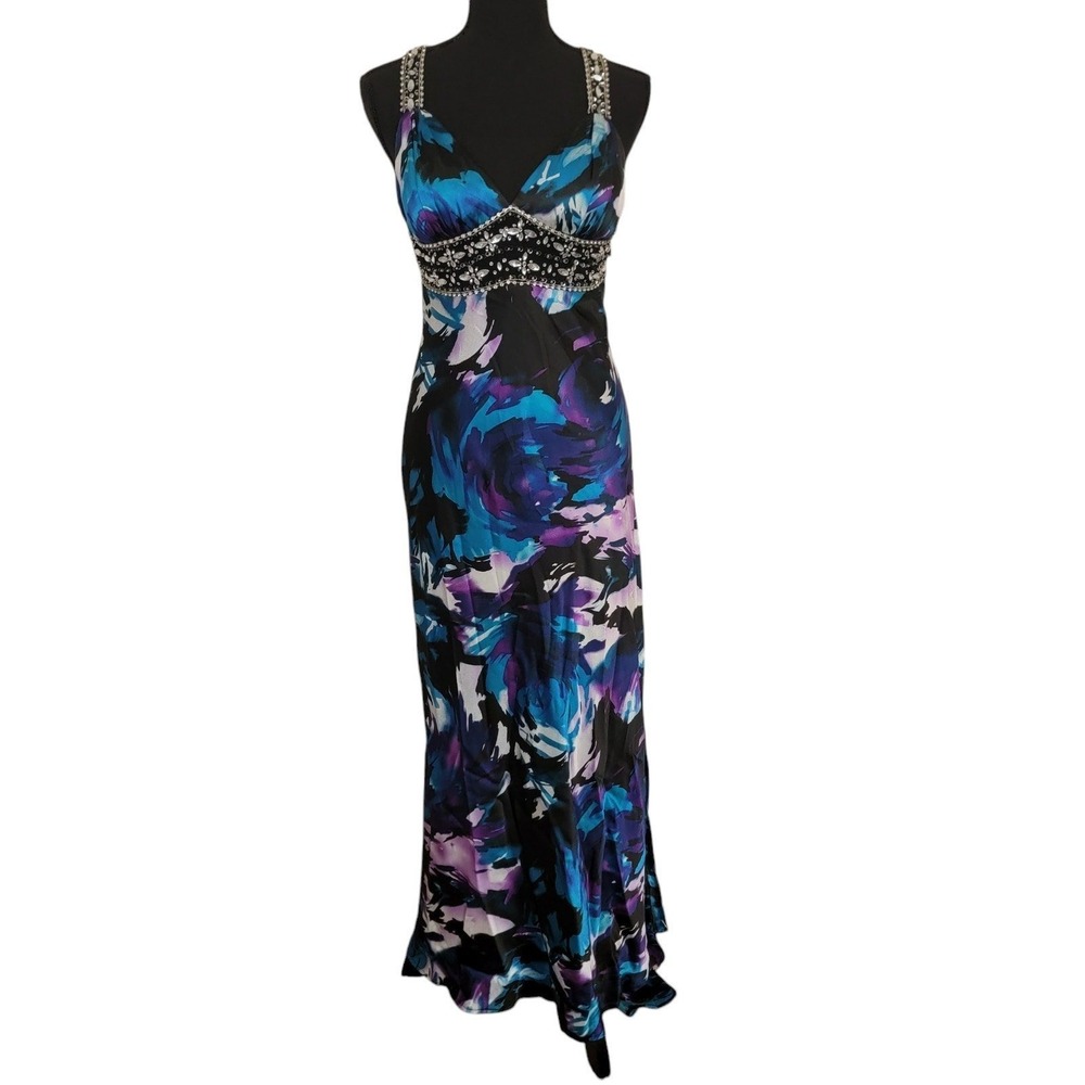 Xscape by Joanna Chen Blue Purple Abstract Floral Beaded Open Back Gown Size 4